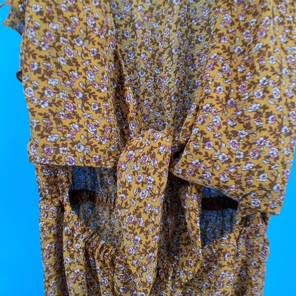 Inspired Hearts Maxi Dress Womens Large Mustard Floral Tie Front Cutout Tiered - Picture 6 of 7